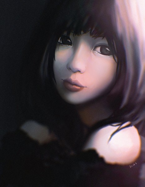 Anime picture 1000x1285 with guweiz single tall image fringe short hair black hair lips black eyes lipstick portrait close-up face girl