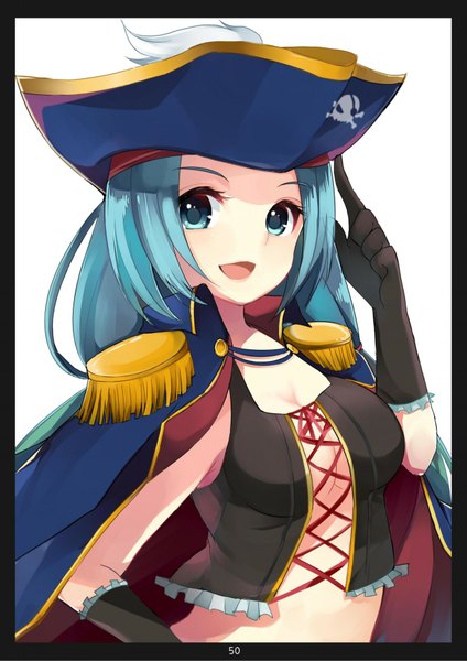 Anime picture 1273x1800 with original nagi-the-cheese (ppshex) single long hair tall image looking at viewer breasts open mouth light erotic simple background smile white background :d aqua eyes aqua hair no bra framed pirate girl gloves