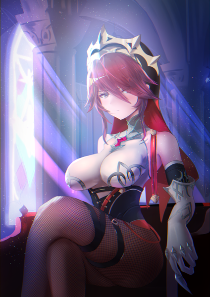 Anime picture 1447x2047 with genshin impact rosaria (genshin impact) velceed single tall image looking at viewer blush fringe short hair breasts light erotic hair between eyes large breasts sitting purple eyes bare shoulders bent knee (knees) red hair indoors sunlight