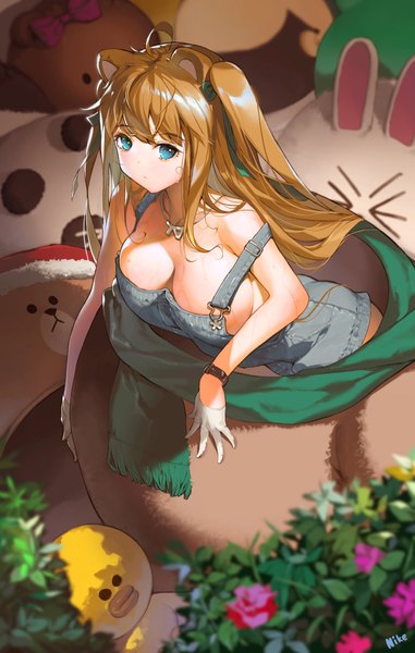 Anime picture 1316x2073 with original nike1060 single long hair tall image looking at viewer blush fringe breasts blue eyes light erotic blonde hair large breasts signed animal ears ahoge blunt bangs from above sweat two side up