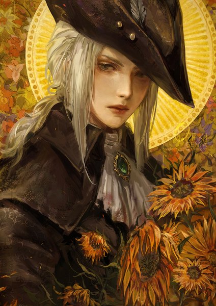Anime-Bild 1200x1697 mit bloodborne from software lady maria of the astral clocktower oreki genya single long hair tall image blue eyes signed payot looking away upper body white hair low ponytail girl flower (flowers) hat ascot brooch sunflower