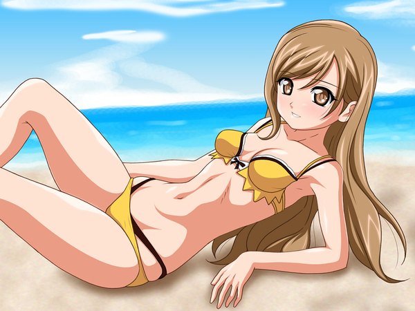 Anime picture 1024x768 with shining (series) shining wind touka kureha inferno (nanbu14) long hair brown hair brown eyes beach girl navel swimsuit bikini