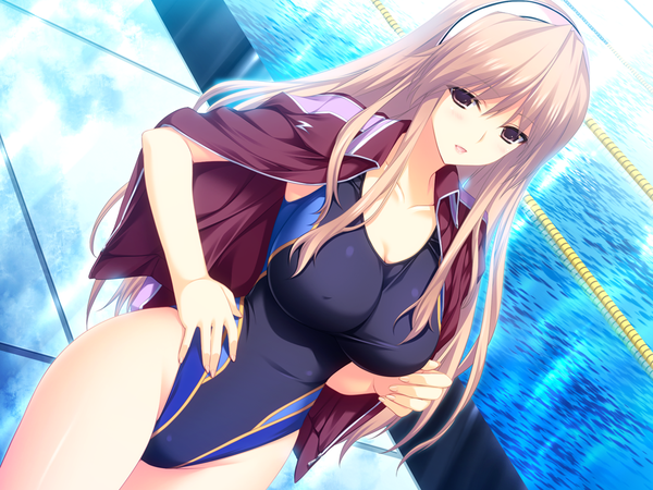 Anime picture 1024x768 with lovely x cation hibiki works tsukioka misasa iizuki tasuku long hair light erotic blonde hair brown eyes game cg girl swimsuit one-piece swimsuit school swimsuit