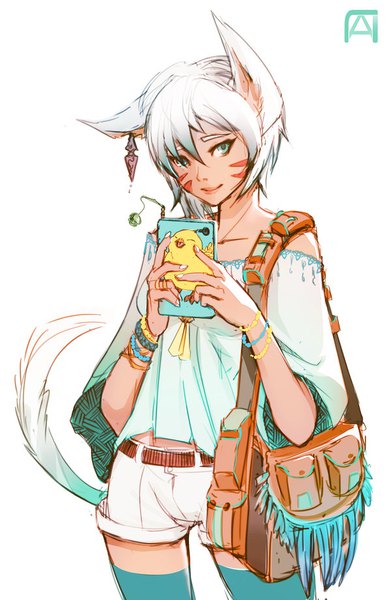 Anime picture 600x919 with final fantasy final fantasy xiv square enix miqo'te pechan (artist) single tall image looking at viewer fringe short hair smile hair between eyes standing white background holding green eyes animal ears white hair tail animal tail