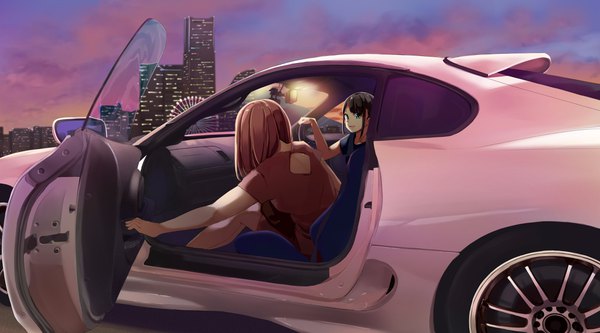 Anime picture 4096x2279 with original toyota funyariko long hair fringe highres open mouth black hair smile brown hair wide image multiple girls green eyes payot absurdres sky cloud (clouds) lips short sleeves back