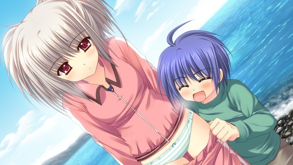 Anime picture 1280x720 with world wide love! (game) kona nako nishimata aoi short hair open mouth light erotic red eyes wide image blue hair silver hair ahoge grey hair girl underwear panties child (children)