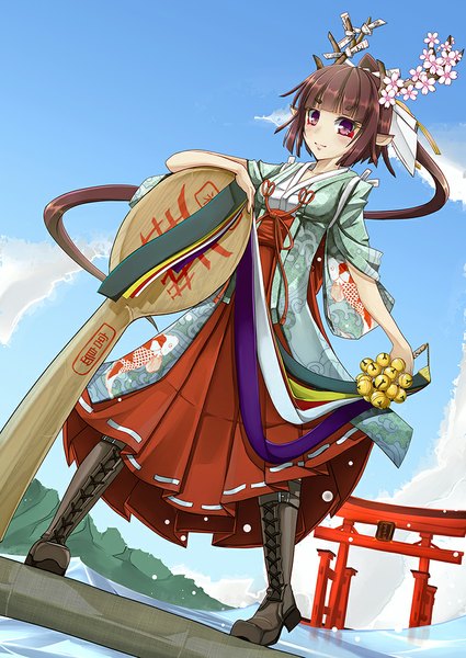 Anime picture 724x1023 with original amino dopple (artist) single tall image looking at viewer blush black hair purple eyes ponytail very long hair traditional clothes japanese clothes light smile pointy ears girl boots torii