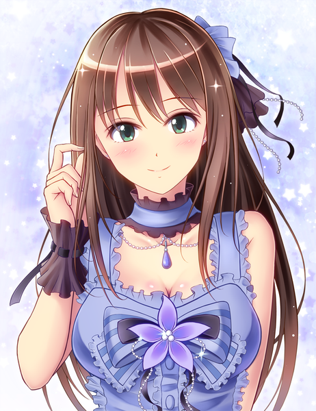 Anime picture 770x1000 with idolmaster idolmaster cinderella girls shibuya rin mikii (artist) long hair tall image looking at viewer blush fringe breasts simple background brown hair green eyes light smile girl dress hair ornament flower (flowers) bow choker