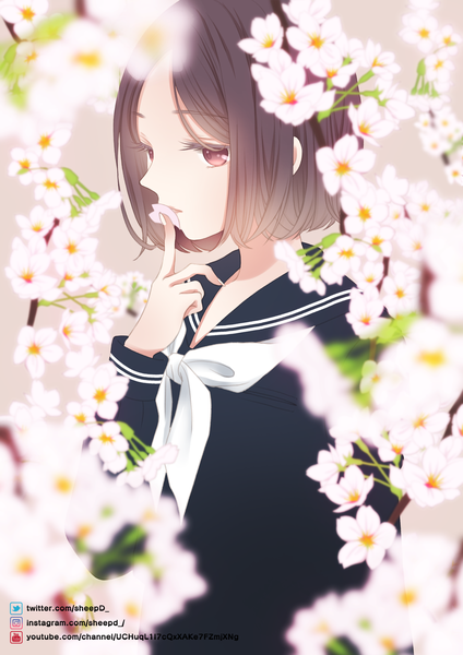 Anime picture 2000x2833 with original sheepd single tall image highres short hair red eyes brown hair upper body cherry blossoms girl uniform petals serafuku branch