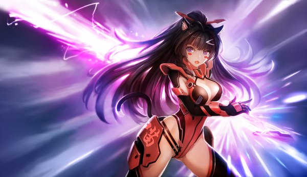 Anime picture 2000x1157 with benghuai xueyuan honkai (series) raiden mei zhuore zhi hen single long hair looking at viewer fringe highres breasts open mouth light erotic black hair simple background hair between eyes wide image standing purple eyes holding animal ears