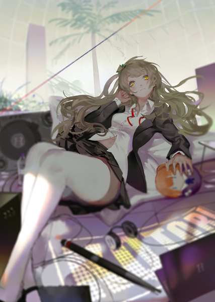 Anime picture 2416x3391 with love live! school idol project sunrise (studio) love live! minami kotori hoshimawa single long hair tall image looking at viewer blush highres light erotic blonde hair yellow eyes girl thighhighs skirt white thighhighs headphones