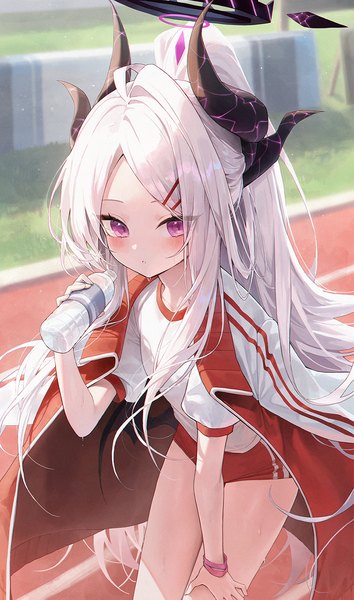 Anime picture 900x1526 with blue archive hina (blue archive) meoyo single long hair tall image looking at viewer blush fringe standing purple eyes holding silver hair outdoors parted lips short sleeves clothes on shoulders girl uniform wings