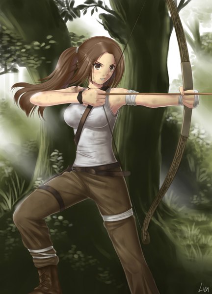 Anime picture 2125x2952 with tomb raider lara croft xiao lian single long hair tall image highres brown hair brown eyes ponytail girl plant (plants) tree (trees) boots bandage (bandages) bow (weapon) arrow (arrows)
