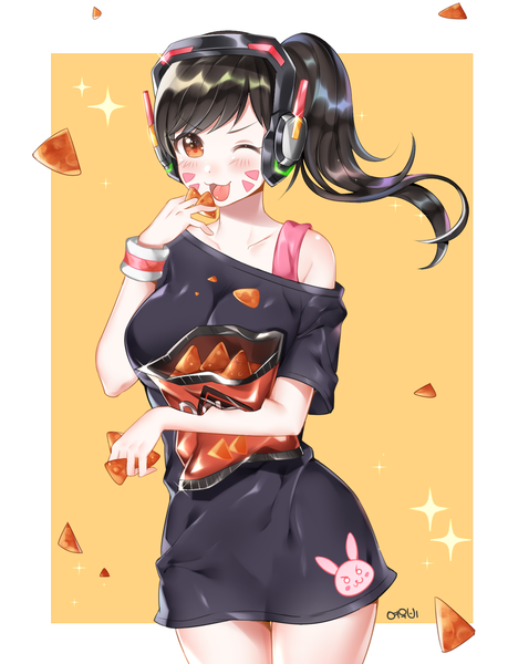 Anime picture 1300x1700 with overwatch blizzard entertainment doritos d.va (overwatch) ubi (ekdus6080) single tall image blush fringe short hair breasts open mouth black hair large breasts holding signed ponytail one eye closed wink sparkle