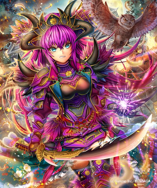 Anime picture 833x1000 with sengoku saga ells (ellsat) long hair tall image looking at viewer fringe breasts smile hair between eyes standing holding payot pink hair outdoors horn (horns) aqua eyes dutch angle copyright name magic floral print