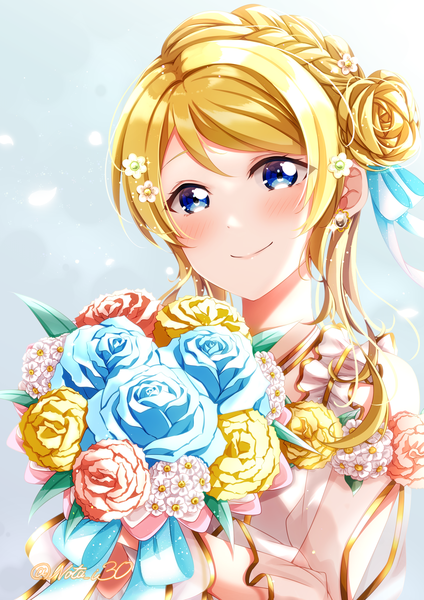 Anime picture 3541x5016 with love live! school idol project sunrise (studio) love live! ayase eli nota ika single long hair tall image blush highres blue eyes blonde hair smile signed absurdres upper body hair bun (hair buns) twitter username girl flower (flowers)