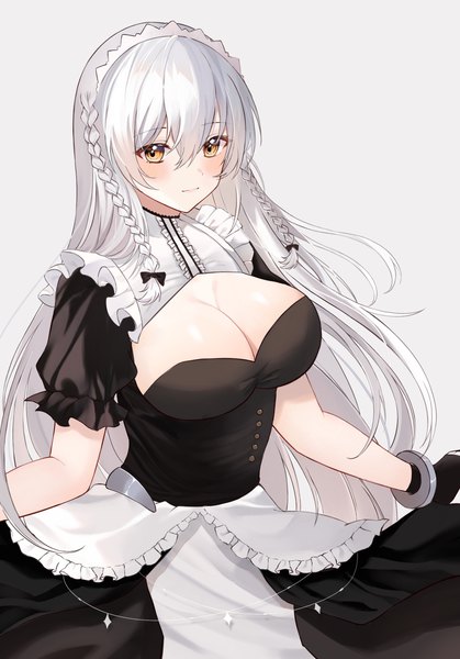 Anime picture 1668x2388 with azur lane hermione (azur lane) muki (muki kunxd) single long hair tall image looking at viewer blush fringe breasts light erotic simple background hair between eyes large breasts standing cleavage silver hair braid (braids) grey background short sleeves