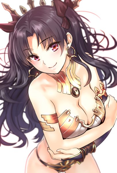 Anime picture 1000x1470 with fate (series) fate/grand order toosaka rin ishtar (fate) yewang20 single long hair tall image looking at viewer blush fringe highres breasts light erotic black hair simple background smile red eyes standing white background