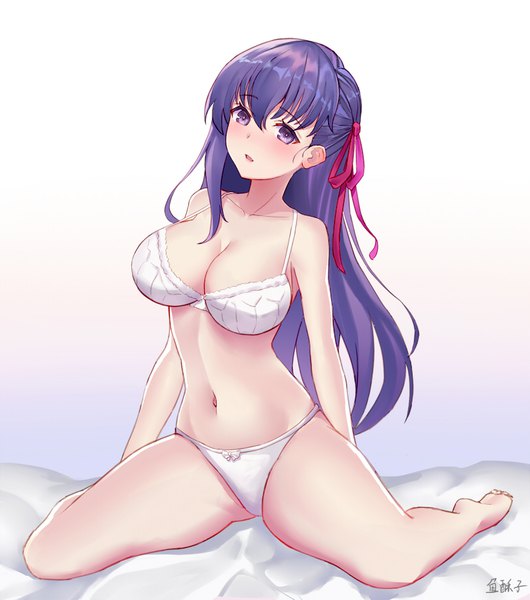 Anime picture 795x900 with fate (series) fate/stay night matou sakura sakanasoko single long hair tall image looking at viewer blush fringe breasts open mouth light erotic simple background hair between eyes large breasts sitting purple eyes bare shoulders signed
