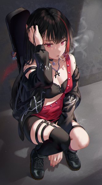 Anime picture 2180x3939 with bang dream! mitake ran tokkyu single long hair tall image looking at viewer fringe highres breasts black hair hair between eyes red eyes holding cleavage full body bent knee (knees) outdoors multicolored hair fingernails