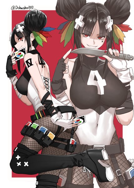 Anime picture 740x1035 with uno (game) original dishwasher1910 tall image looking at viewer fringe short hair light erotic black hair simple background red eyes standing bare shoulders holding signed payot profile tattoo twitter username covered navel