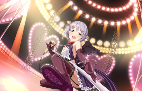 Anime picture 1280x824 with idolmaster idolmaster cinderella girls koshimizu sachiko single looking at viewer blush short hair open mouth light erotic brown eyes grey hair legs self-proclaimed cutie girl thighhighs dress gloves black thighhighs wings elbow gloves