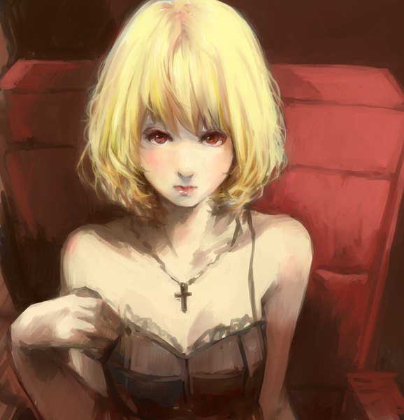 Anime picture 894x927 with original tsubu mikan single tall image blush fringe short hair blonde hair brown eyes from above adjusting clothes girl pendant cross armchair cross necklace