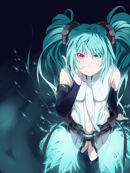 Anime picture 1200x1584 with vocaloid vocaloid append hatsune miku hatsune miku (append) decchi oyabun (artist) single long hair tall image twintails aqua hair heterochromia girl navel