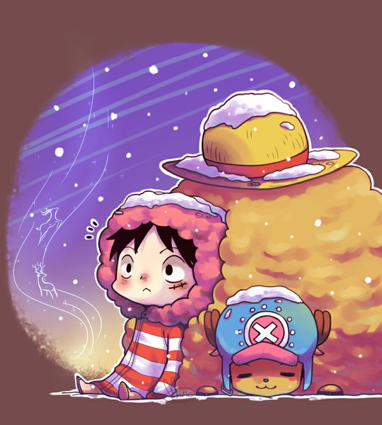 Anime picture 900x1000 with one piece toei animation monkey d. luffy tony tony chopper tall image black hair smile sitting looking away eyes closed black eyes alternate costume snowing scar alternate age boy hat animal deer
