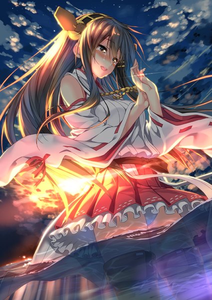 Anime picture 600x847 with kantai collection haruna battleship piromizu single long hair tall image blush open mouth light erotic black hair smile standing bare shoulders holding payot cloud (clouds) traditional clothes japanese clothes pleated skirt sunlight