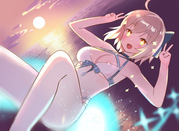 Anime picture 1450x1065 with fate (series) fate/grand order okita souji (fate) (all) okita souji (swimsuit assassin) (fate) zenshin single blush short hair breasts open mouth light erotic blonde hair ahoge :d orange eyes dutch angle evening symbol-shaped pupils victory sunset