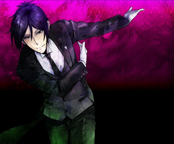 Anime picture 1136x941 with kuroshitsuji a-1 pictures sebastian michaelis single short hair black hair smile heterochromia dark background butler boy gloves necktie suit tuxedo