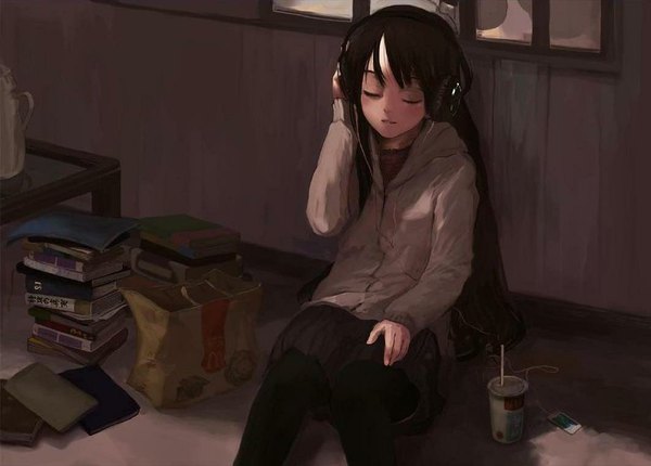 Anime picture 1063x762 with original mcdonald's shirabi single long hair black hair smile sitting eyes closed casual girl skirt headphones book (books)