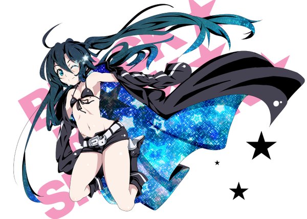 Anime picture 1280x917 with black rock shooter black rock shooter (character) rozen5 single long hair looking at viewer fringe breasts black hair simple background smile hair between eyes white background twintails one eye closed high heels front-tie top girl navel swimsuit