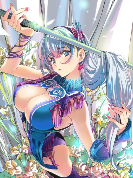 Anime picture 675x900 with original popqn single long hair tall image looking at viewer blush fringe breasts blue eyes light erotic hair between eyes large breasts standing holding blue hair pink hair silver hair ass nail polish