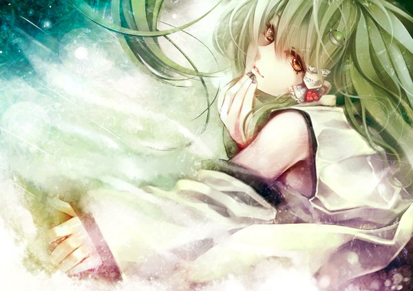 イラスト 1280x906 と 東方 東風谷早苗 芹ざわ_大湊 ソロ 長髪 黄色眼 nail polish green hair 女の子 袖だけ hair tubes