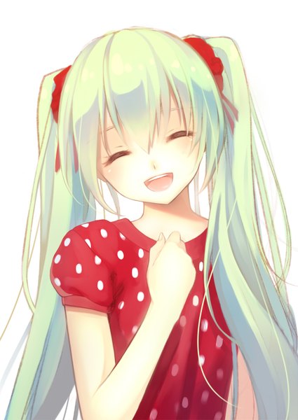 Anime picture 1074x1517 with vocaloid hatsune miku nana mikoto single long hair tall image blush open mouth simple background smile white background twintails eyes closed green hair ^ ^ polka dot ^o^ girl