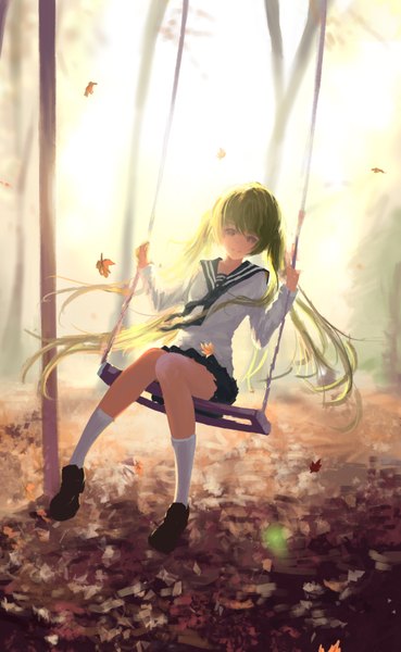 Anime picture 2042x3321 with vocaloid hatsune miku sombernight single tall image looking at viewer fringe highres twintails outdoors very long hair pleated skirt aqua eyes green hair light smile wind sunlight lens flare autumn girl