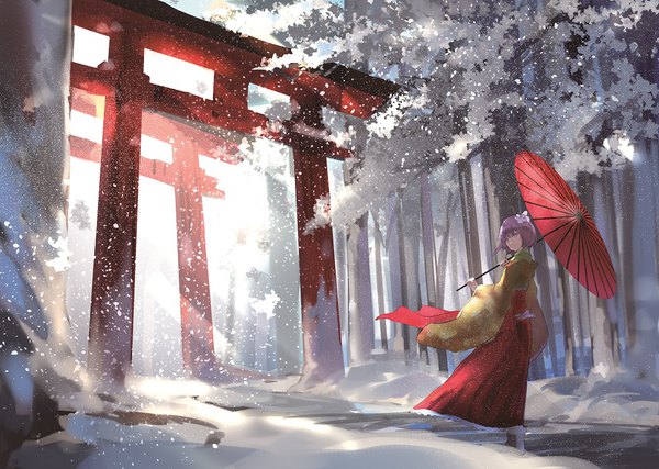 Anime picture 1044x744 with touhou hieda no akyuu three k (spiritus no honoo) single fringe short hair purple eyes holding purple hair long sleeves traditional clothes japanese clothes looking back hair flower sunlight wide sleeves snowing winter snow walking