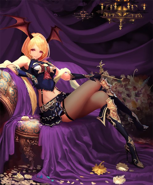 Anime picture 848x1024 with shingeki no bahamut shadowverse queen vampire (shadowverse) tachikawa mushimaro (bimo) single tall image looking at viewer short hair breasts light erotic blonde hair large breasts sitting bare shoulders absurdres full body bent knee (knees) pink eyes light smile bare belly