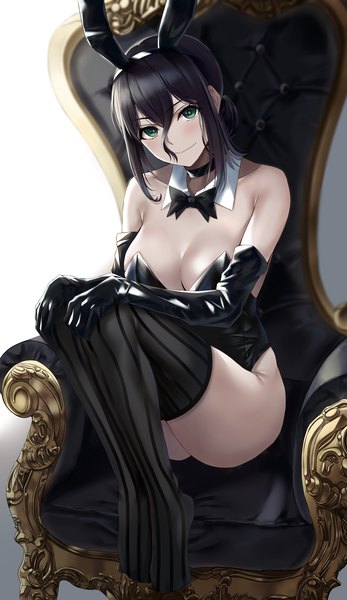 Anime picture 1500x2591 with chainsaw man mappa reze (chainsaw man) nicky w single tall image looking at viewer blush fringe short hair breasts light erotic black hair simple background smile hair between eyes large breasts sitting bare shoulders green eyes