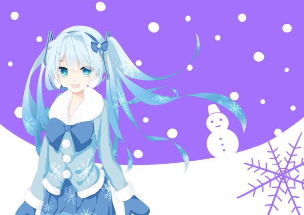 Anime picture 5787x4092 with vocaloid hatsune miku yuki miku yuki miku (2012) bigright-orz single highres open mouth twintails blue hair absurdres very long hair aqua eyes snowing snow girl bow hairband snowflake (snowflakes)