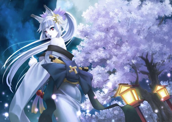Anime picture 1100x778 with original yamagami mozuku single long hair looking at viewer fringe red eyes standing animal ears sky cloud (clouds) white hair ponytail traditional clothes japanese clothes looking back night night sky cherry blossoms light