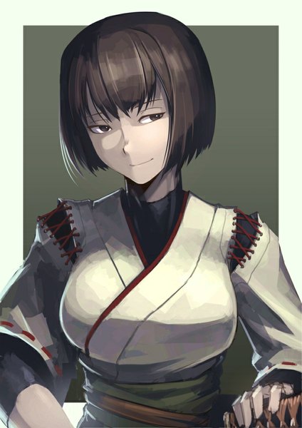 Anime picture 744x1052 with kantai collection hyuuga battleship hetza (hellshock) single tall image short hair smile brown hair brown eyes looking away traditional clothes japanese clothes smirk girl