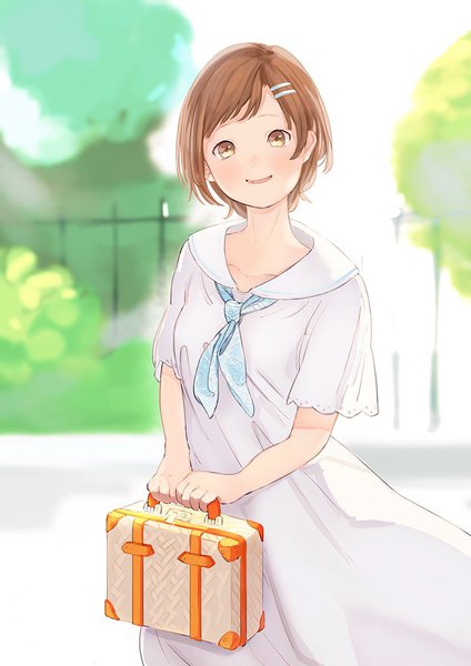 Anime picture 724x1024 with original ikoan single tall image looking at viewer blush fringe short hair open mouth smile brown hair standing holding brown eyes outdoors sailor collar girl dress white dress suitcase