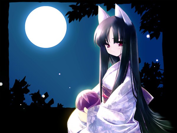 Anime picture 1280x960 with suigetsu makino nanami gayarou animal ears japanese clothes cat ears wallpaper kimono moon