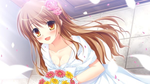 Anime picture 2560x1440 with love la bride omigawa hitomi takano yuki (allegro mistic) long hair blush highres open mouth brown hair wide image yellow eyes game cg girl dress flower (flowers) petals bouquet wedding dress