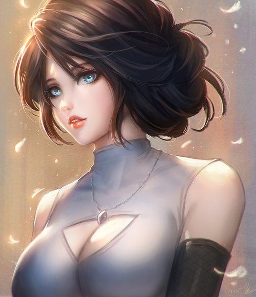 Anime picture 1000x1158 with naruto studio pierrot naruto (series) uehara shirahime chaosringen single tall image looking at viewer fringe short hair breasts blue eyes light erotic black hair simple background bare shoulders signed payot cleavage upper body
