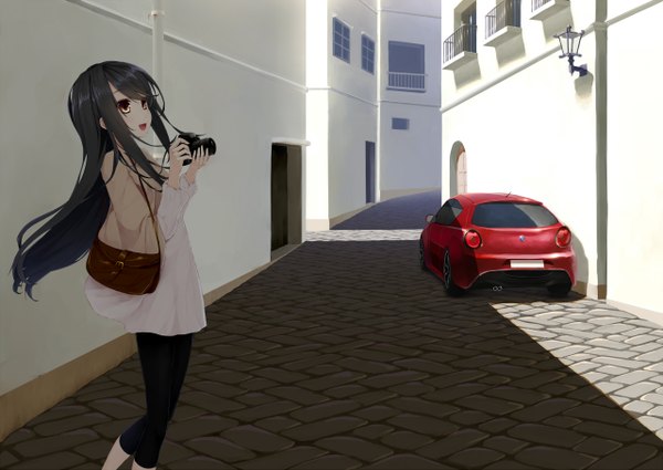 Anime picture 2560x1815 with original alfa romeo uttt long hair blush highres open mouth black hair brown eyes looking away shadow girl dress ground vehicle car camera
