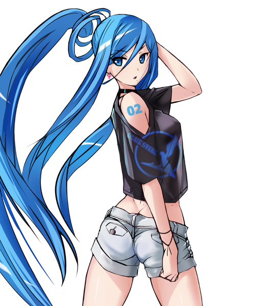 Anime picture 840x960 with aoki hagane no arpeggio takao (aoki hagane no arpeggio) nerocc single tall image looking at viewer open mouth blue eyes simple background hair between eyes standing white background bare shoulders blue hair ponytail very long hair looking back from behind mole tattoo
